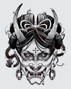 a drawing of a woman's face with horns on her head and an elaborate mask