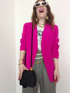 Funky Blazer Outfit, What Colors Go With Hot Pink, Fusia Pink Outfits, Pink Linen Blazer Outfit, Blazer Pink Look, Fuchsia Blazer Outfit, Pink Blazer Outfit Work, Pink Blazer Outfits For Women, Hot Pink Blazer Outfit