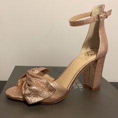 Vince Camuto's Carrelen Block-Heel Sandals Add A Relaxed Twist To Dressy Looks With A Casual Bow Detail On A Gorgeous, Ankle-Strap Silhouette. New!! Size 6.5 Color: Beaming Blush Fabric Type: Heather And Textile Origin: Imported Sole Material: Man Made Closure Type: Buckle Party Sandals With Padded Heel And Medium Width, Party Sandals With Padded Heel, Spring Gala Open Toe Heels, Party Sandals With Round Toe Medium Width, Party Sandals With Medium Width And Round Toe, Spring Gala Heels With Heel Loop, Party Sandals With 4-inch Heel, Medium Width, Feminine Ankle Strap Sandals For Night Out, Party Sandals With 4-inch Heel And Medium Width