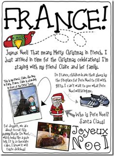 a christmas card with pictures of santa claus and other things to say in french on it