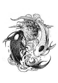 an ink drawing of two fish in the water