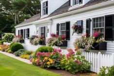 a white house with lots of flowers in the window boxes