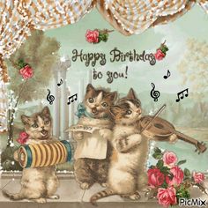 three kittens are playing music together in front of a birthday card with the words happy birthday to you