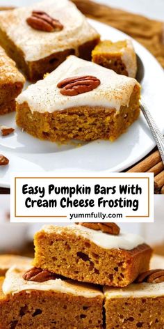 easy pumpkin bars with cream cheese frosting and pecans in the middle on a white plate