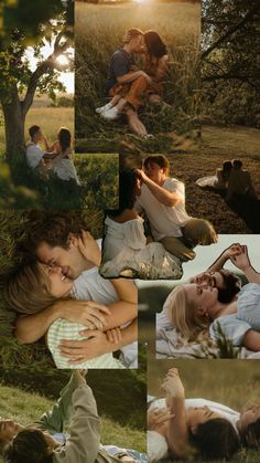 a collage of people sitting in the grass with one woman holding her head and another man laying on his back