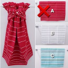 four different types of towels hanging on the wall with letters and numbers attached to them