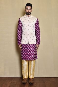 Off white bundi with zari embroidered floral butti patterns. Comes with purple floral pattern kurta and pant. - Aza Fashions Purple Floral Pattern, Kurta Set For Men, Nehru Jackets, Kurta Set, White Silk, Pants Pattern, Embroidered Silk, Mandarin Collar, Purple Floral