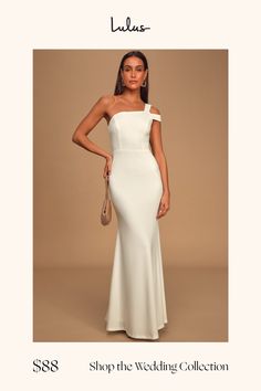 Sway to the music in the Lulus Make an Entrance White One-Shoulder Mermaid Maxi Dress! Medium-weight crepe knit shapes this stunning gown with a one-shoulder neckline (with hidden no-slip strips), single tank strap and an off-the-shoulder strap. Princess-seamed bodice and fitted waist carry into a full maxi skirt with a sexy mermaid silhouette. Hidden back zipper/clasp. Fit: This garment fits true to size. Length: Floor length. Size medium measures 59" from shoulder to hem. Bust: Great for any c Fitted One Shoulder Dress For Wedding With Asymmetrical Neckline, Fitted One Shoulder Dress With Straight Neckline For Wedding, Fitted One Shoulder Dress For Gala With Straight Neckline, Fitted One Shoulder Evening Dress For Bridesmaid, Fitted One-shoulder Evening Dress For Bridesmaid, Fitted One Shoulder Bridesmaid Evening Dress, Fitted One Shoulder Evening Dress With Straight Neckline, Fitted One Shoulder Dress For Evening With Straight Neckline, Fitted One-shoulder Chiffon Dress