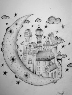 a drawing of a moon with buildings and stars in the night sky above it,