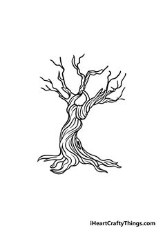 a black and white drawing of a tree with branches growing out of the trunk, on a white background