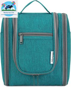 an aqua colored suitcase with zippers on it