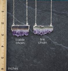 Amethyst Stalactite with druzy crystal formations, edged in silver on a custom length Sterling Silver chain in two chain designs:  cable or link chain. Due to the raw nature of this stone, each pendant varies in color & size, select a pendant you like. Each pendant is unique and gorgeous just like YOU! Amethyst is the stone of spirituality and assist  in calming the mind, allowing restful sleep and reducing stress. Your necklace will arrive with a descriptive hang tag, wrapped in  tissues paper Luxury Amethyst Crystal Necklaces For Gifts, Purple Amethyst Necklace With Raw Stone, Purple Raw Stone Mineral Crystal Jewelry, Purple Mineral Crystal Jewelry With Raw Stone, Purple Amethyst Crystal Necklaces With Natural Stones, Purple Amethyst Crystals For Jewelry Making, Purple Amethyst Jewelry With Raw Stones, Purple Amethyst Geodes With Natural Stones, Amethyst Properties