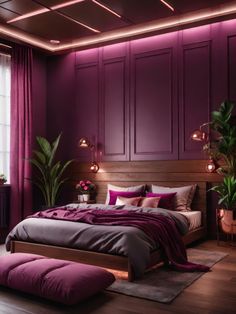 a bedroom with purple walls and wooden flooring is lit by lights from the windows