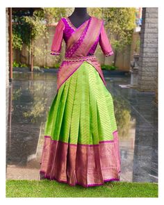 Green And Pink Half Saree, Half Silk Saree, Pink Half Sarees, Silk Half Saree, Simple Frock, Pavadai Sattai, Simple Frock Design, Half Sarees