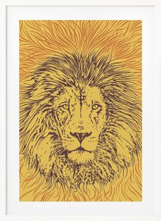 a drawing of a lion in yellow and black on an orange background with the sun behind it