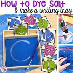 how to dye salt and make a writing tray for kids with pictures on the side