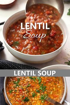 lentil soup in a white bowl with a spoon on the side and an image of lentil soup in a white bowl next to it