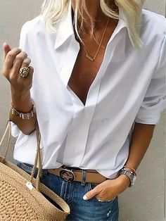 Long Sleeves Loose Solid Color Split-Joint Lapel Blouses & Shirts Tops WHITE-2XL Casual Chique Stijl, Leisure Dress, Patch Work Blouse, Mode Casual, Color Shirt, Collar Top, 가을 패션, V Neck Blouse, Sleeves Pattern