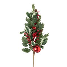 a christmas tree with red ornaments and greenery on it's branches, isolated against a white background