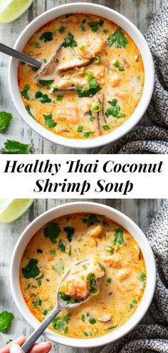 two bowls of healthy thai coconut shrimp soup