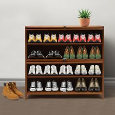 a wooden shoe rack filled with shoes next to a potted plant