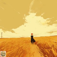 a painting of a woman walking through a wheat field with an orange sky in the background