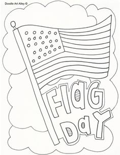 a coloring page with the words flag day and an american flag in the sky above it