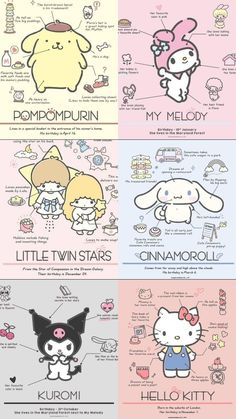 an image of hello kitty and other cartoon characters with their names in different languages on them