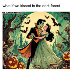 an image of a man and woman kissing in the dark forest with pumpkins around them