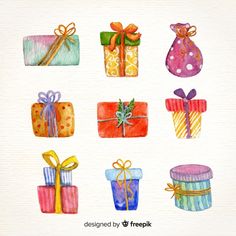 watercolor gift boxes with bows and ribbons