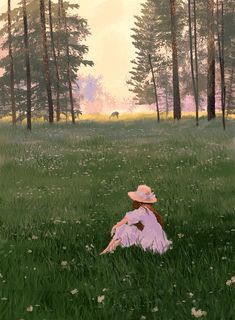 a painting of a woman sitting in the middle of a field with trees behind her