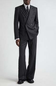 Polished pinstripes bring this season's pared-down precision to runway-featured trousers tailored in Italy from pure wool. Zip fly with button closure Front slant pockets; back button-welt pockets 100% wool Dry clean Made in Italy Designer Clothing 4 Button Suit Men, Club Mens Outfit Night, Black Dandy Style, Fancy Mens Fashion, Preacher Outfit Men, Sleek Suit Men, Farewell Suit Ideas Men, Aime Leon Dore Suit, Pinstripe Suit Aesthetic