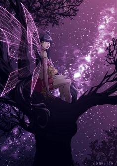 a fairy sitting on top of a tree in front of the night sky with stars