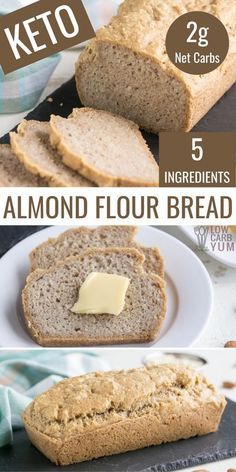 the instructions for making keto bread are shown in three different pictures, including two slices and