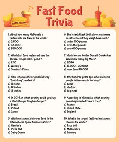 the fast food trivia for kids is shown in this graphic above it's answer sheet