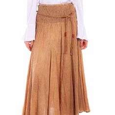 Full length acid wash cantina skirt in khaki. Has a beaded cord belt. Gathered waist with elastic band. Vertical panels for fullness. 100% cotton. Perfect cantina style skirt for any cowgirl. Perfect for the rodeo, trip to Nashville or a country music concert festival. Color: Khaki Bohemian Beige Skirt With Elastic Waistband, Beige Bohemian Skirt With Elastic Waistband, Bohemian Beige Maxi Skirt With Elastic Waistband, Bohemian Brown Cotton Skirt, Cotton Skirt With Elastic Waistband For Festival, Brown Skirt With Elastic Waistband For Beach, Brown Elastic Waistband Skirt For Beach, Brown Beach Skirt With Elastic Waistband, Country Music Concert