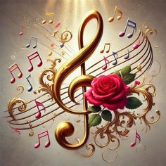 a music note with a rose and musical notes on the side, as if it were made out of gold