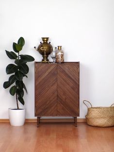 a wooden cabinet sitting next to a potted plant on top of a hard wood floor