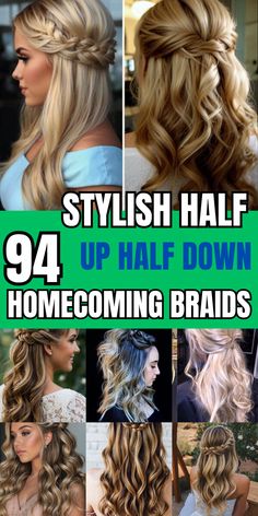 Elevate your homecoming style with glamorous curls and braids in these half up half down hairstyles. Perfect for long hair, these looks combine elegance with a modern twist. Follow our tutorials to achieve these must-try styles! #GlamHair #CurlyHairstyles #Homecoming2024 Hairstyles Homecoming Half Up, Braided Halo Half Up Half Down, Hair Down Curled With Braid, Homecoming Hairstyles Long Blonde Hair, Hair Styles For Semi Formal Dance, Half Up Prom Hairstyles For Long Hair, Braids Maids Hairstyles, Braidsmaid Hairstyles For Long Hair, Homecoming Hair Styles Half Up Half Down