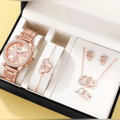 Rose Gold 6 Piece Rhinestone Encrusted Women's Jewelry Set. Includes: Luxury Watch, Ring, Necklace, Bracelet, And Earrings. Women's Watch Bands, Heart Jewelry Set, Ladies Bracelet Watch, Watch Set, Rhinestone Fashion, Gold Luxury, Gold Armband, Womens Watches Luxury, Watch Women