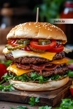 a hamburger with cheese, tomatoes and pickles