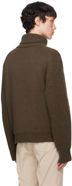 Knit nylon- and merino wool-blend turtleneck. · Rib knit collar, hem, sleeves, and cuffs · Dropped shoulders · Logo patch at sleeve Supplier color: Khaki brown Brown Turtleneck With Ribbed Cuffs For Fall, Brown Wool Sweater With Ribbed Cuffs, Brown Turtleneck Outerwear With Ribbed Cuffs, Brown Logo, Browning Logo, Baby Alpaca, Wool Blend Sweater, Knit Collar, Color Khaki