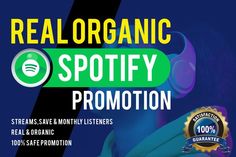 the label for real organic spotify promotion is shown in front of a blue background