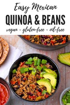 easy mexican quinoa and beans recipe with avocado on the side in black bowls