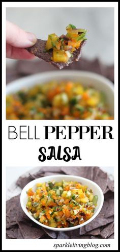 bell pepper salsa in a white bowl with tortilla chips on the side and text overlay that reads bell pepper salsa