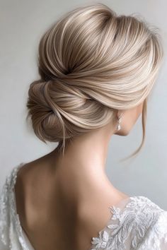 a woman with blonde hair styled into a low updo, wearing a white dress