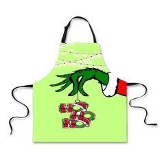 a green apron with an image of the grin on it's front and back