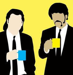 two men in suits and ties are holding coffee mugs, one with a mustache