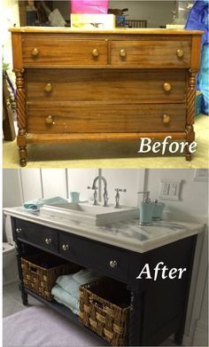 before and after photos of a bathroom vanity