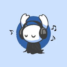 a cartoon character with headphones and music notes around his neck, on a blue background